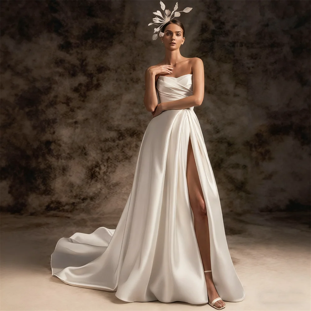 Customized Asymmetric Sweetheart Strapless Corset Satin A-Line Wedding Dress Zipper Back Cathedral-Length Train Gown For Bride