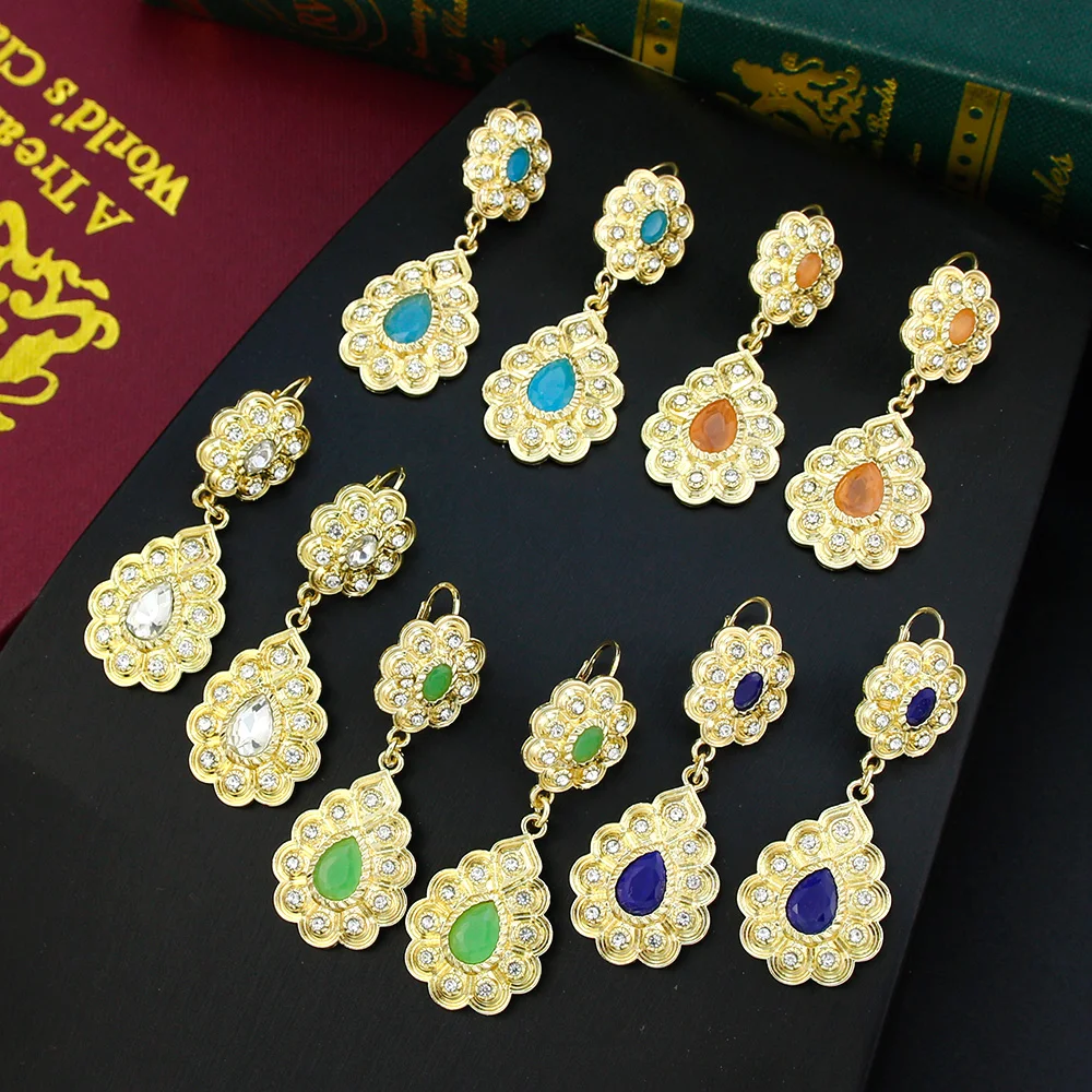 Sunspicems Gold Color Feminine Morocco Women Earring Bride Wedding Jewelry Arabic Crystal Flower Drop Earring Banquet Jewelry