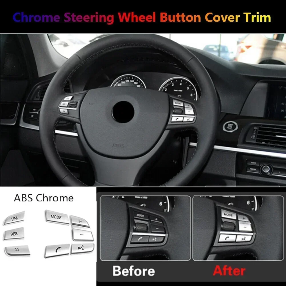 7X Car Chrome Steering Wheel Button Cover Trim Silver Interior Decoration Accessories For BMW 5 Series F10 F18 2011-2016 GT F07