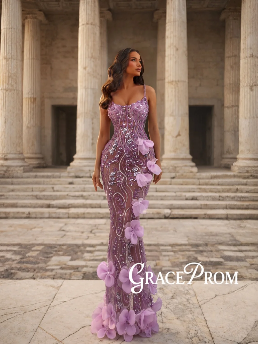 

Фиолетовое 3D-платье с цветочным узором, длинное вечернее платье с блестящими кристаллами и тонкими бретелями, свадебные и праздничные платья, роскошные иллюзионные банкетные платья на заказ
