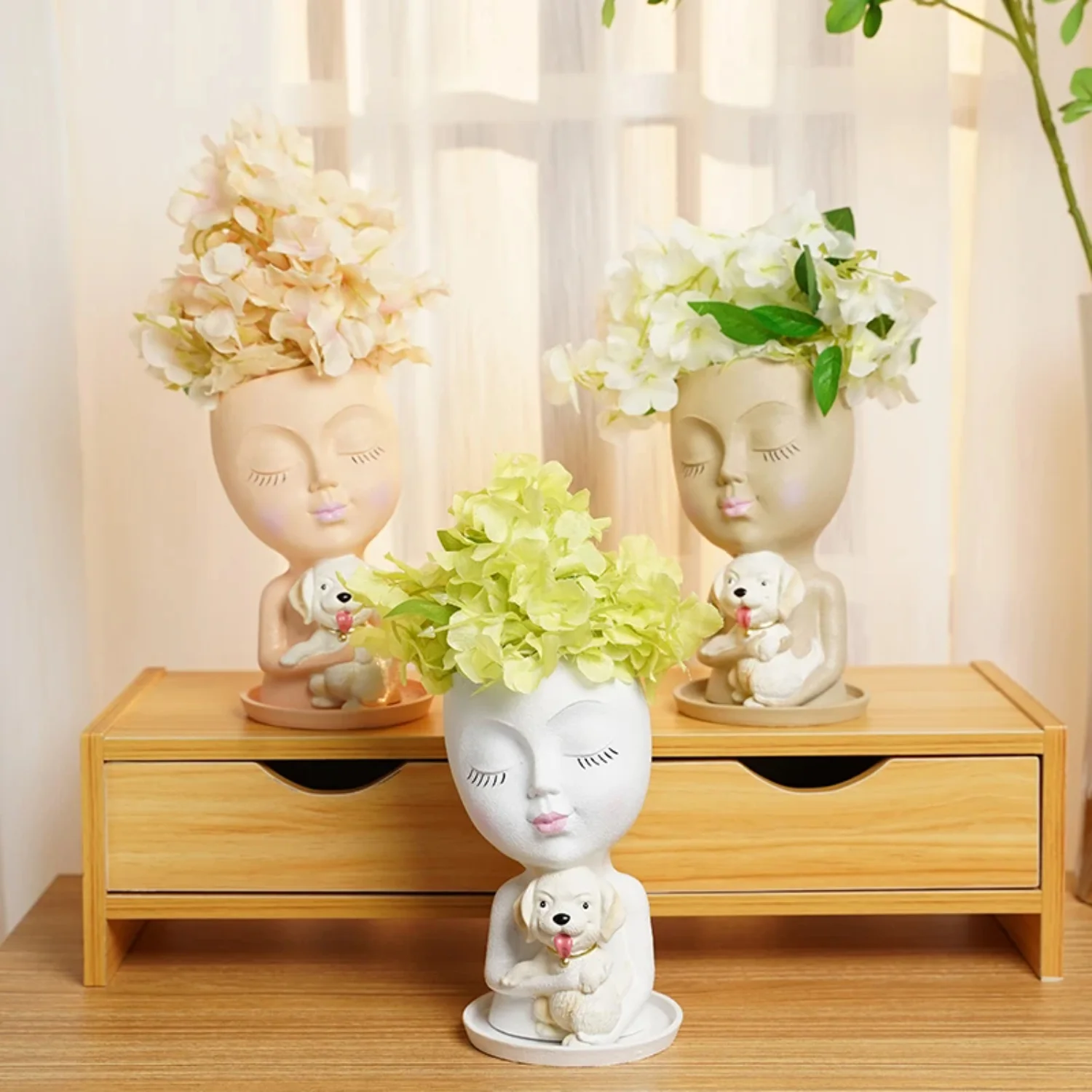 Girl Holding Dog Plant Flower Pot Resin  Horticultural Landscape Interior Decoration Art  Desktop Items