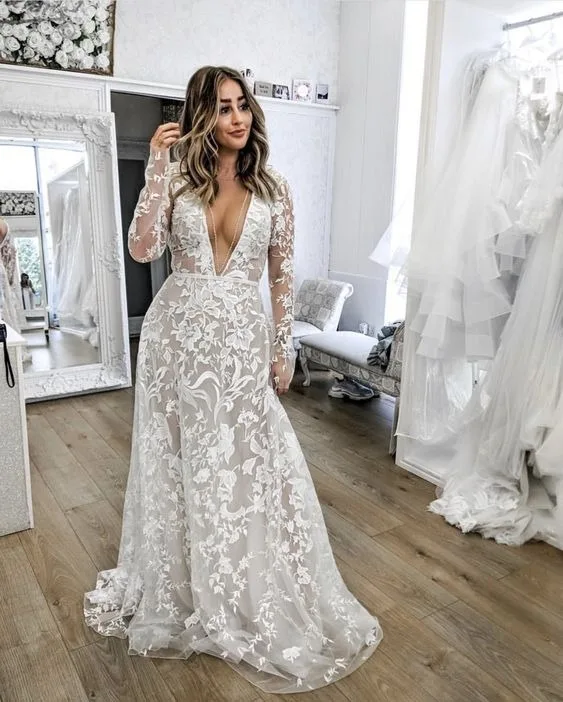 Robe de mariée à manches longues pour femmes, robe de mariée de plage, appliques en dentelle de tulle, 2023