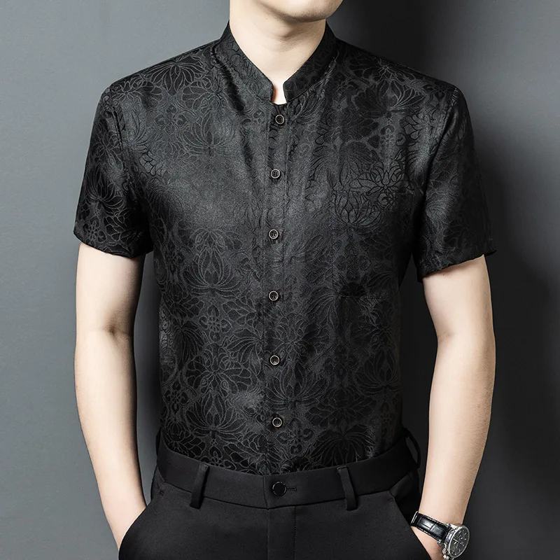 

Real Silk Men's Summer High-End Fragrant Cloud Yarn Floral Pattern Short Sleeve Shirt Middle-Aged Leisure Style Chinese Men