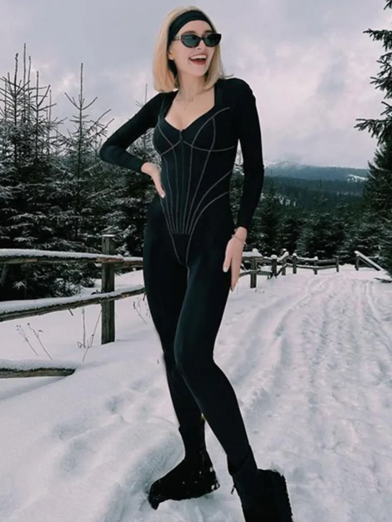 

Red Jumpsuits for Women Sexy Square Collar Long Sleeve Zipper Black Bodysuit Evening Party Outfit Autumn White Sports Overalls