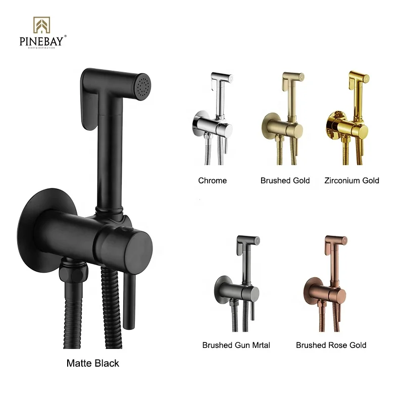 PINEBAY Good Quality Bathroom Matte Black Wall-Mounted Adjustable Water Flow Douche Spray Shower WC Brass Hot Cold Valve Bidet