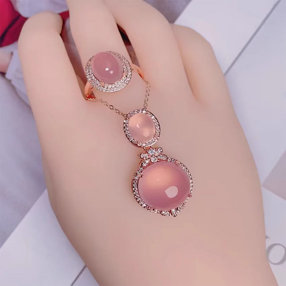 Natural agate pink jade ring pendant s925 silver two-piece set