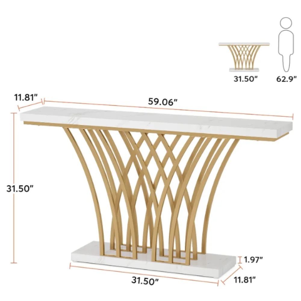 US 59 inch Gold Console Table, Modern Entryway Table with Grid-Shaped Metal Base for Entrance, Hallway, Entryway, Living Room