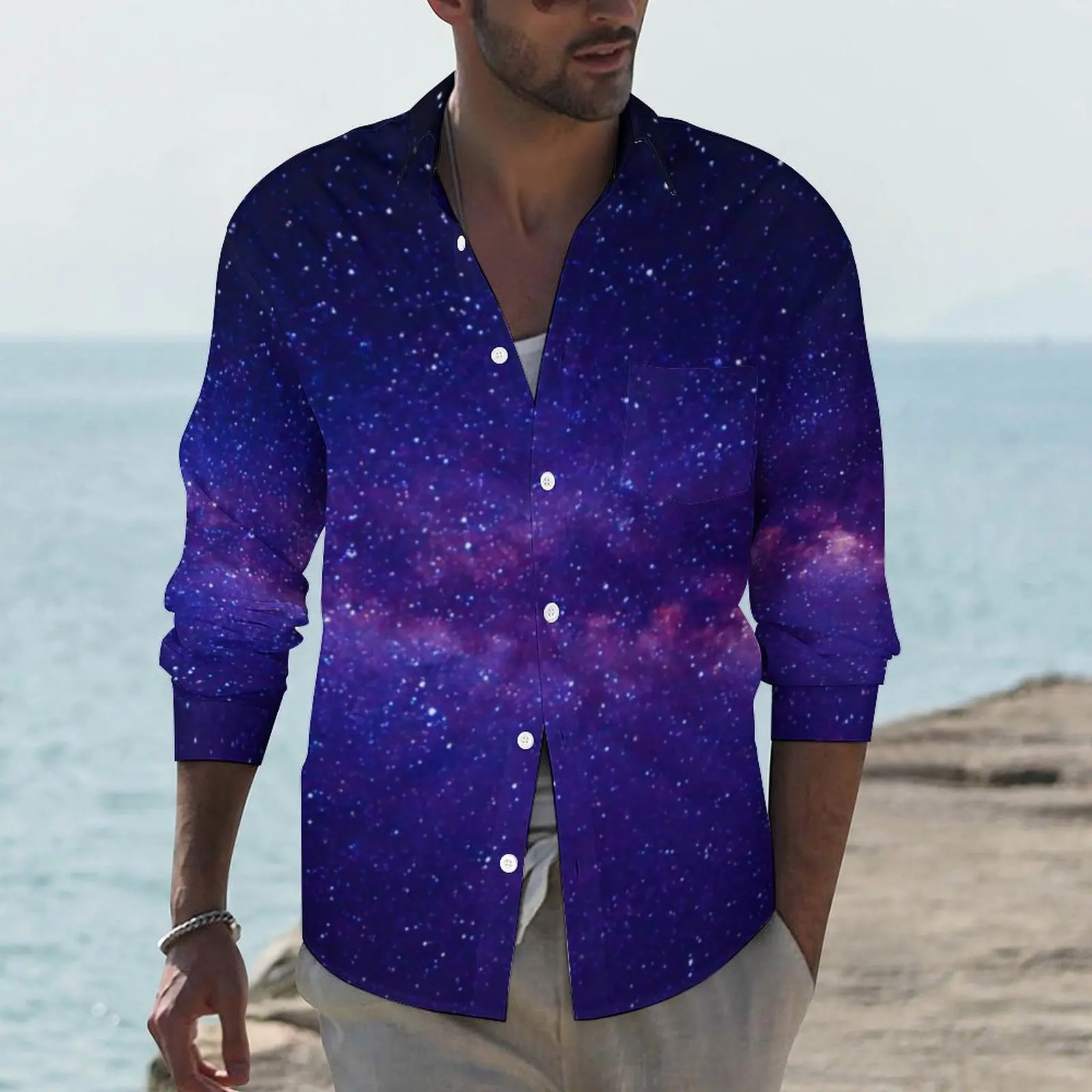 Purple Starry Night Y2K Casual Shirt Mens Galaxy Print Shirt Autumn Vintage Blouses Long Sleeve Graphic Oversize Top