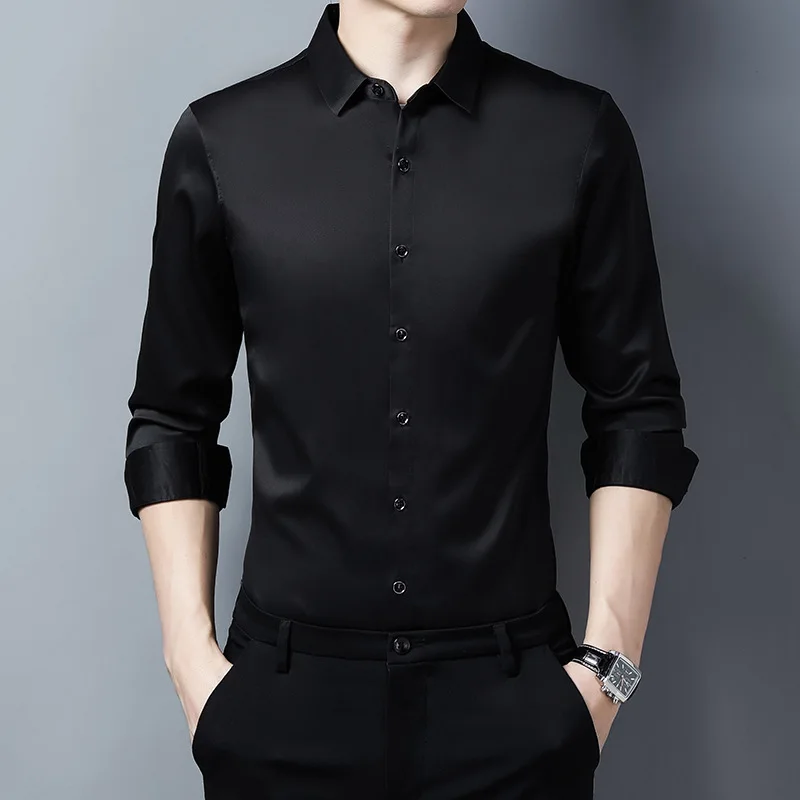 

New Mercerized Smooth Long-sleeved Shirt Men's Simulation Silk Daily Business Casual Loose Solid Color Bottoming Shirt