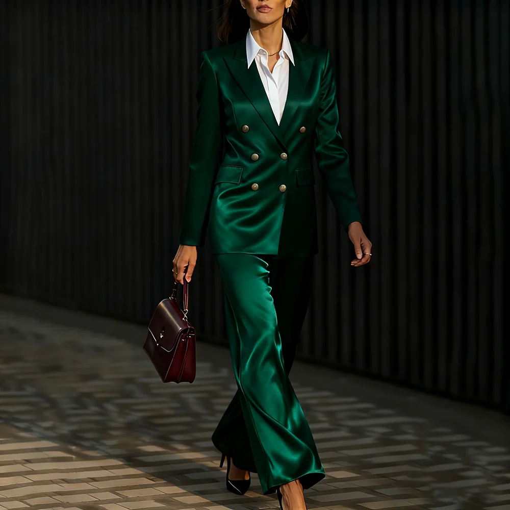 Elegant Women's Clothes Dark Green 2Piece Set Double-Breasted Tailored Blazer Slim-Fit Smart-Casual Office Lady Outerwears