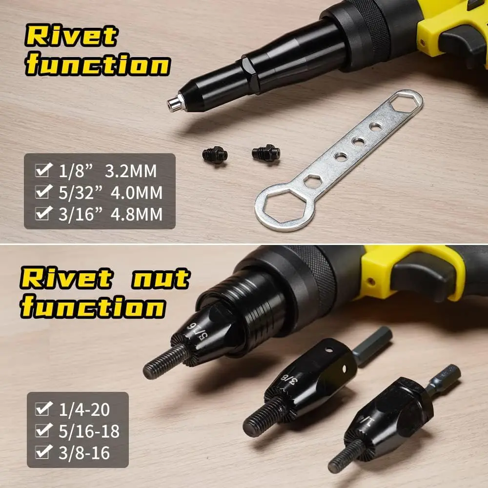 Cordless Rivet Gun Tool, 21V Electric Automatic Rivet & Rivet nut Two Functions Professional Kit with 2pcs Battery & Charger (3/