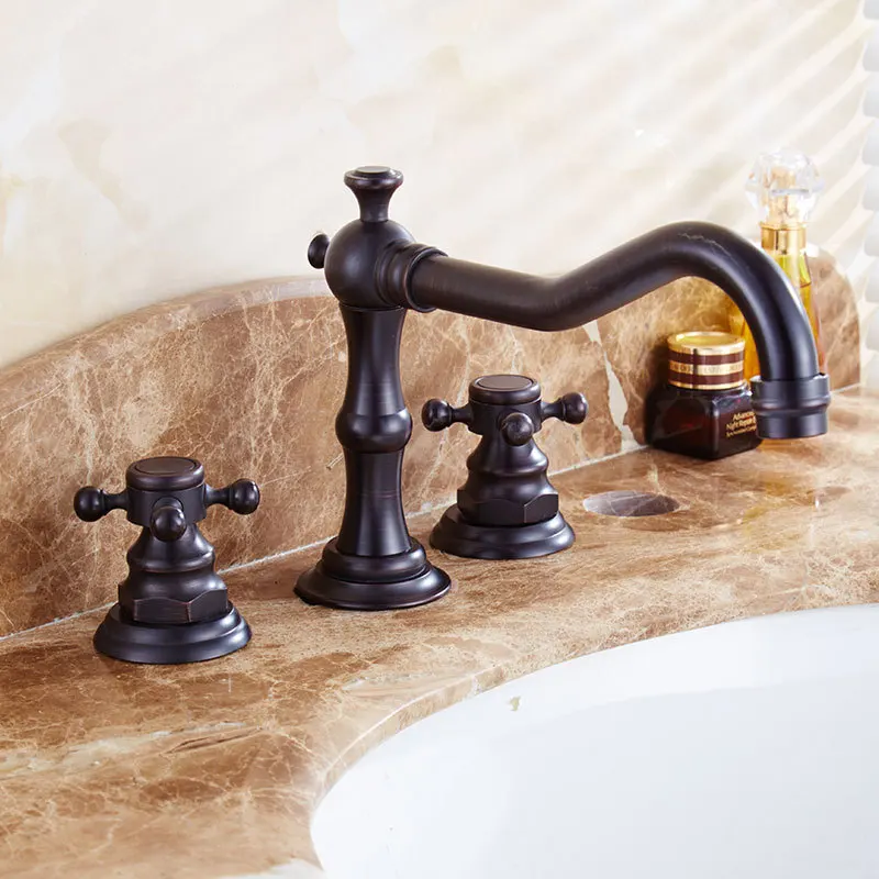

Смеситель для раковины в ванную комнату из античной латуни, черный, для горячей и холодной воды, с двумя ручками, комплект из трех предметов