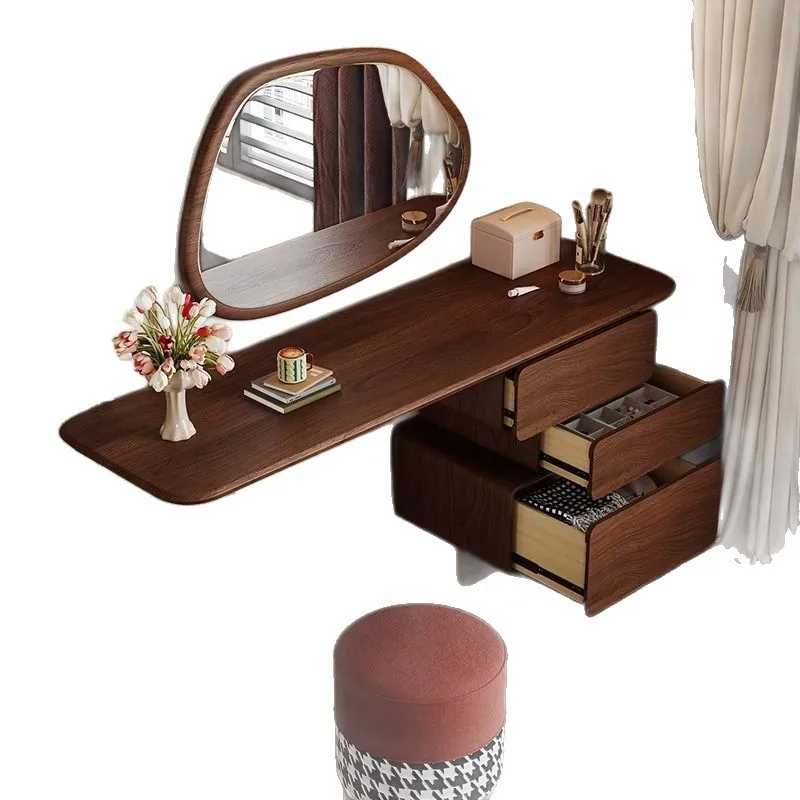 

French retro style solid wood dresser retractable bedroom bedside chest American walnut makeup table