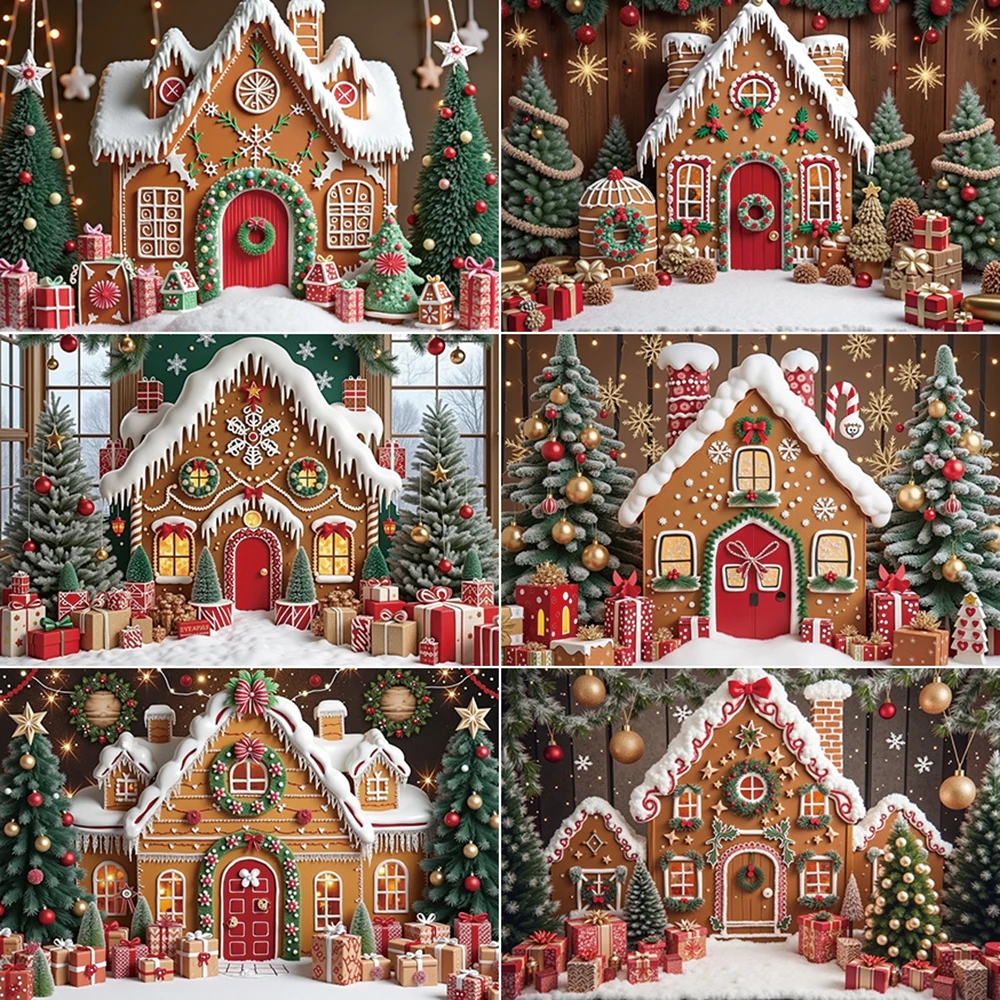 

MOON.QG Merry Christmas Background Photography Baubles Gingerbread House Xmas Trees Photocall Backdrop Baby Studio Accessories