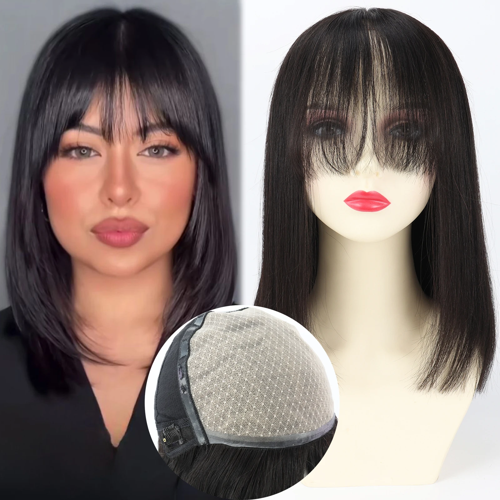 

Парик из натуральных волос Silk Top Bob с челкой, парик из натуральных натуральных волос с искусственной кожей вокруг натурального черного цвета 6x6 дюймов, парик на шелковой основе для женщин