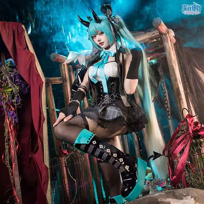 Women's Sexy Devil Miku Cosplay Costume Set with Uniform Dress Wigs Wings Tail And Horns for Halloween Party Anime Demon Outfit view 3