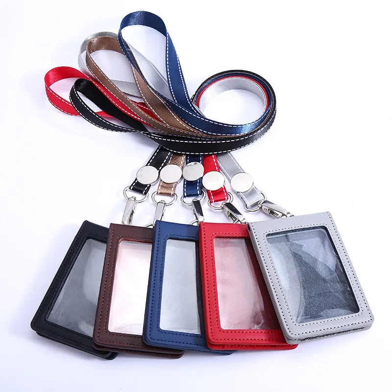 New 1pc Double-sided Clear Leather Badge Holder ID Badge Holder Folding Card Holder Anti-lost School Office Supplies