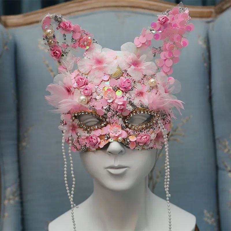 

Cute Pink Carnival Halloween Dance Party Mystery Rabbit Ears Mask Window Display Female Cosplay Accessories Props