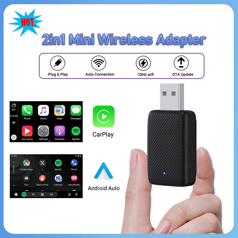 

2025 Hot Sale Mini 2-in-1 Wireless CarPlay Adapter, Wired to Wireless CarPlay and Android Auto Smart Box Car AI Box