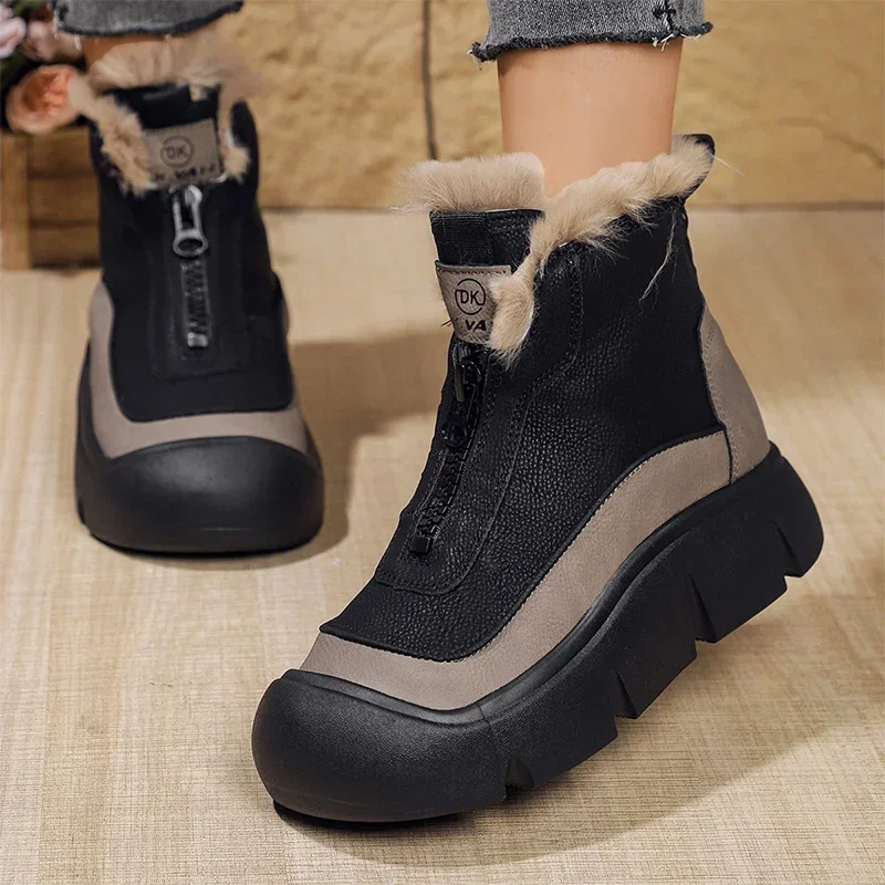 Leather Platform Ankle Snow Boots Women Fur Warm Shoes 2025 Winter New Flats Chelsea Brand Luxury Sneakers Women Plush Boots