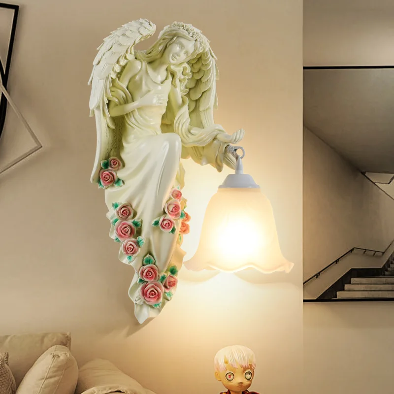 European Retro Resin Angel LED Wall Lamps Corridor Aisle Villa Living Room Background Indoor Creative Personality Decor Lighting