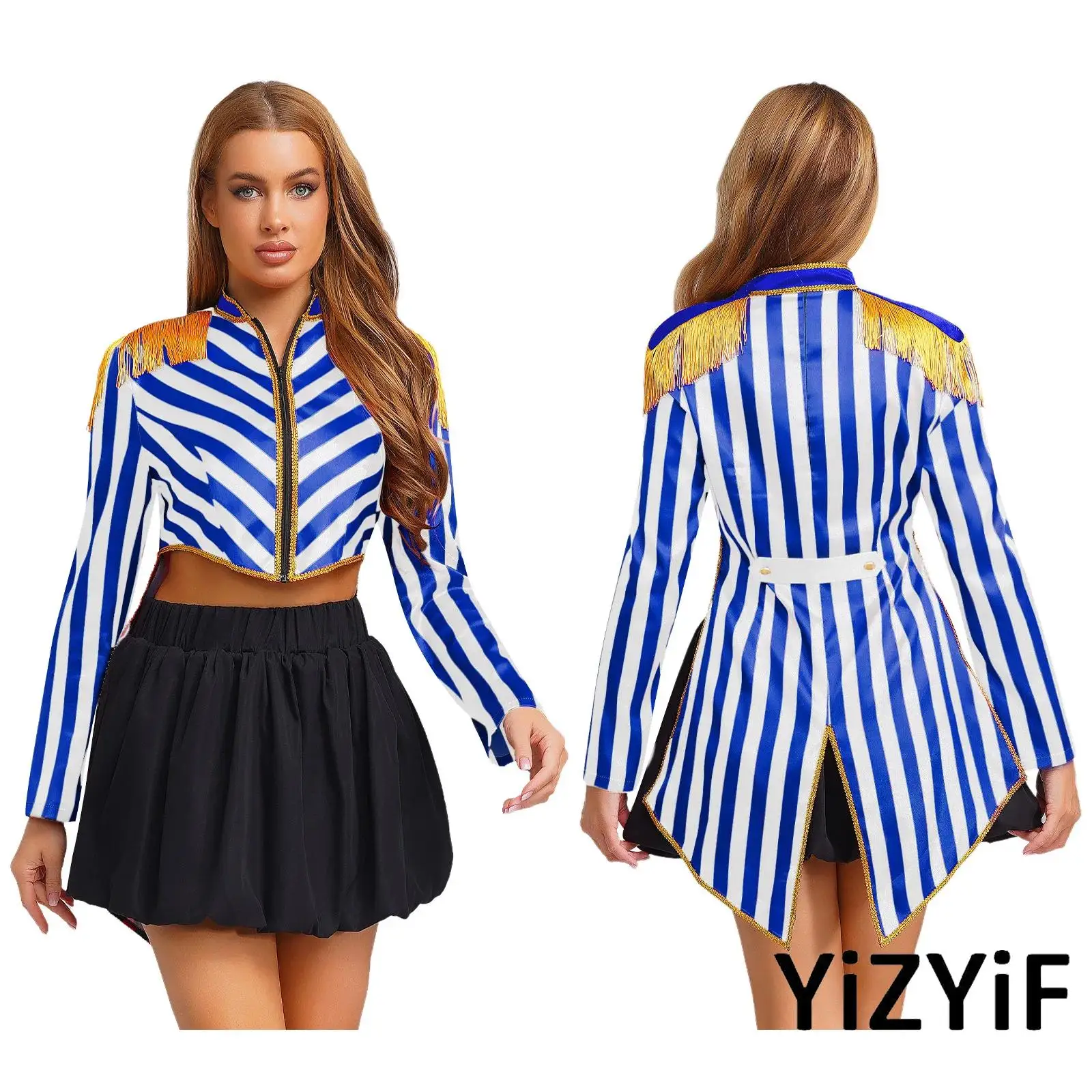 

Christmas Halloween Fashion Cosplay Costume Womens Magician Role-play Jacket Coat Circus Ringmaster Dress-up Striped Tailcoat