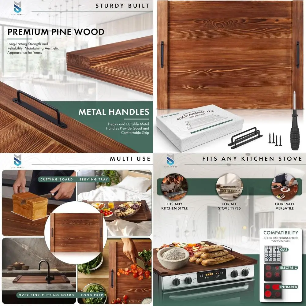 

Multi-Functional Wooden Cutting Board & Decorative Tray for Electric and Gas Stoves, 30.3x21.7 Kitchen Accessory with Handles