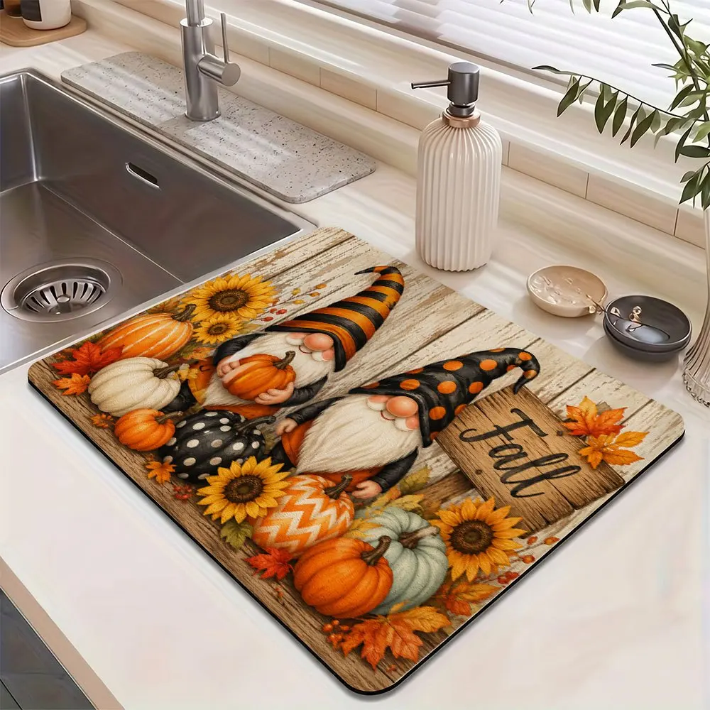 Fall Gnome Dish Drying Mat Pumpkin Sunflower Countertop Mat Non Slip Rubber Backed Coffee Bar Kitchen Counter Drying Pad