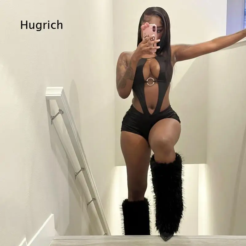 Women Halter Cutout Tie Back Jumpsuit Slim Fitted Short Bottom Stretchy Fabric Trendy Silhouette Suitable For Night Club Party