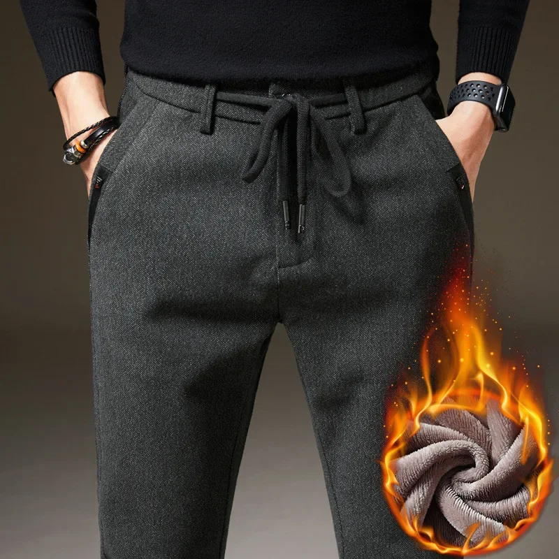 Men\'s Winter Fleece Warm Casual Pants Classic Style Thick Cotton Straight-leg Trousers Male Brand Men Clothing