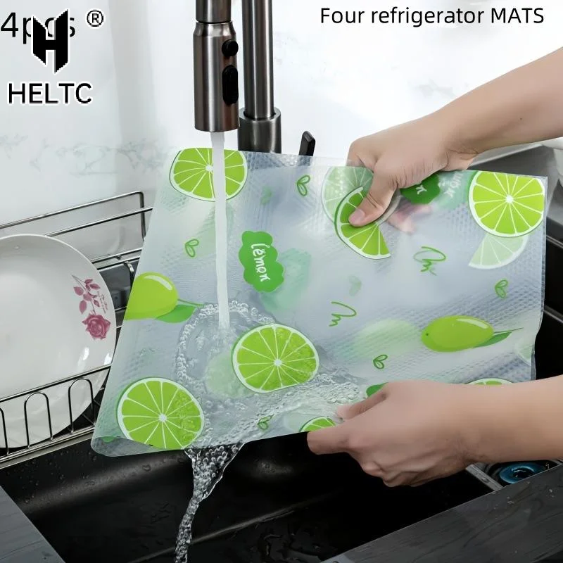 4Pcs Waterproof Refrigerator Liner Set Moisture-Proof Non-Slip Washable Reusable EVA Material Novel Lemon Pattern