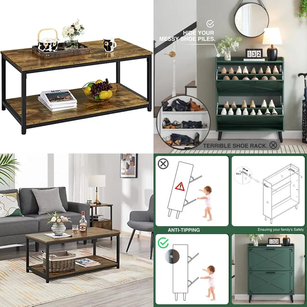 طاولة قهوة صناعية من طبقتين مع رف تخزين لغرفة المعيشة، طاولة خشبية معلمة عتيقة على إطار معدني #1