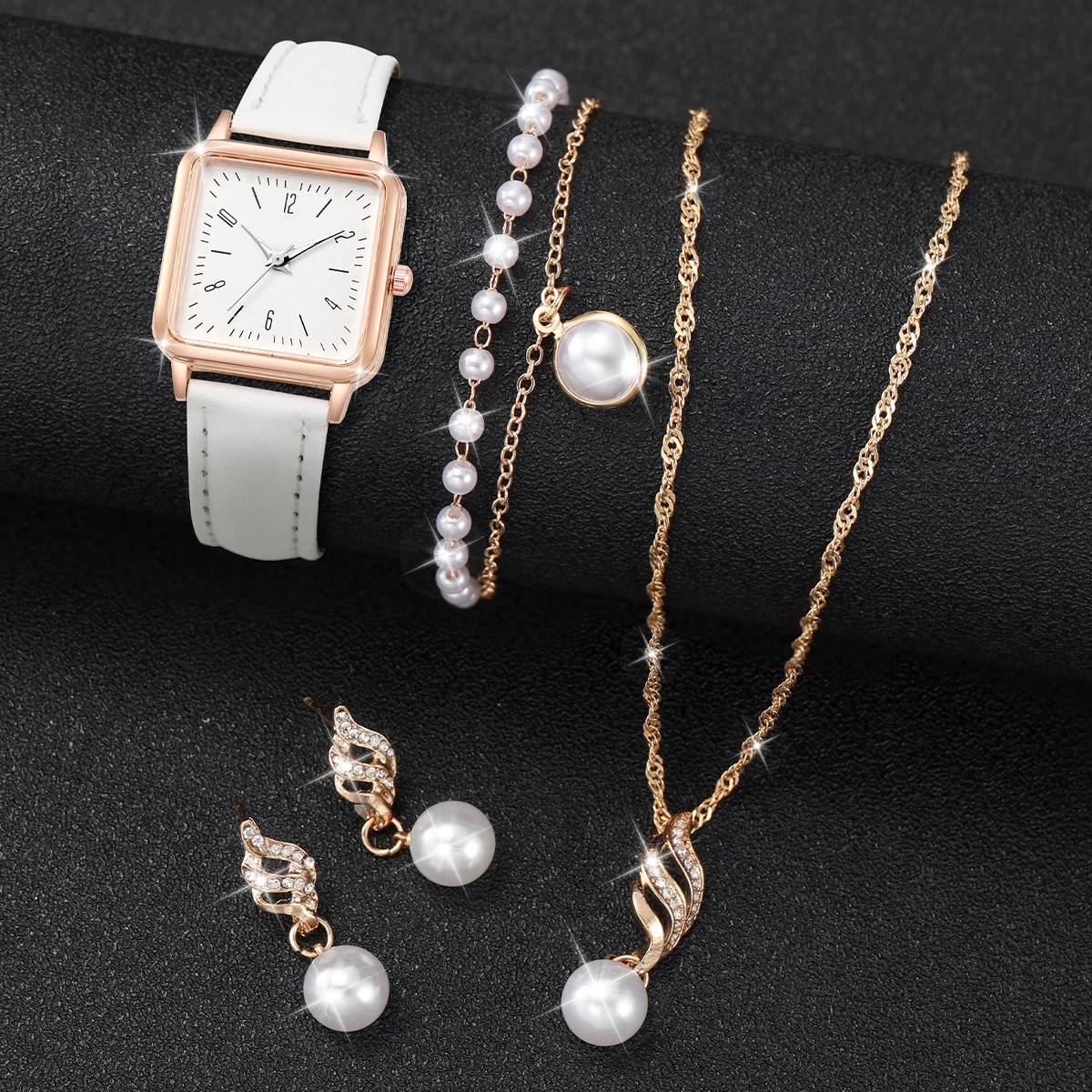 デジタルダイヤル、レザーウォッチ、パールジュエリーセット、カジュアルを備えた女性用スクエアクォーツ時計