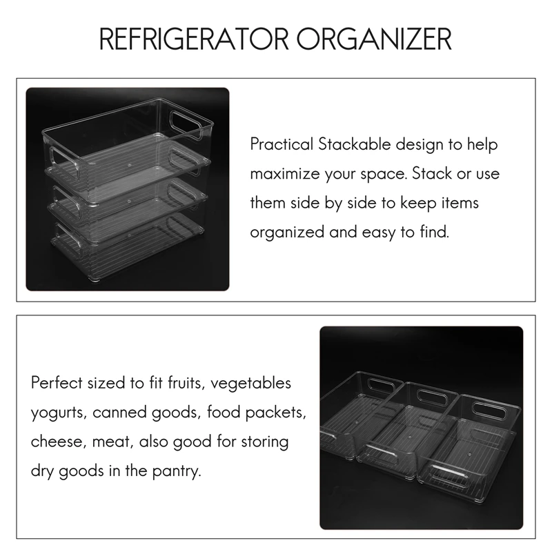 6Pcs Refrigerator Organizer Bins Stackable Fridge Organizers With Cutout Handles Clear Plastic Pantry Food Storage Rack