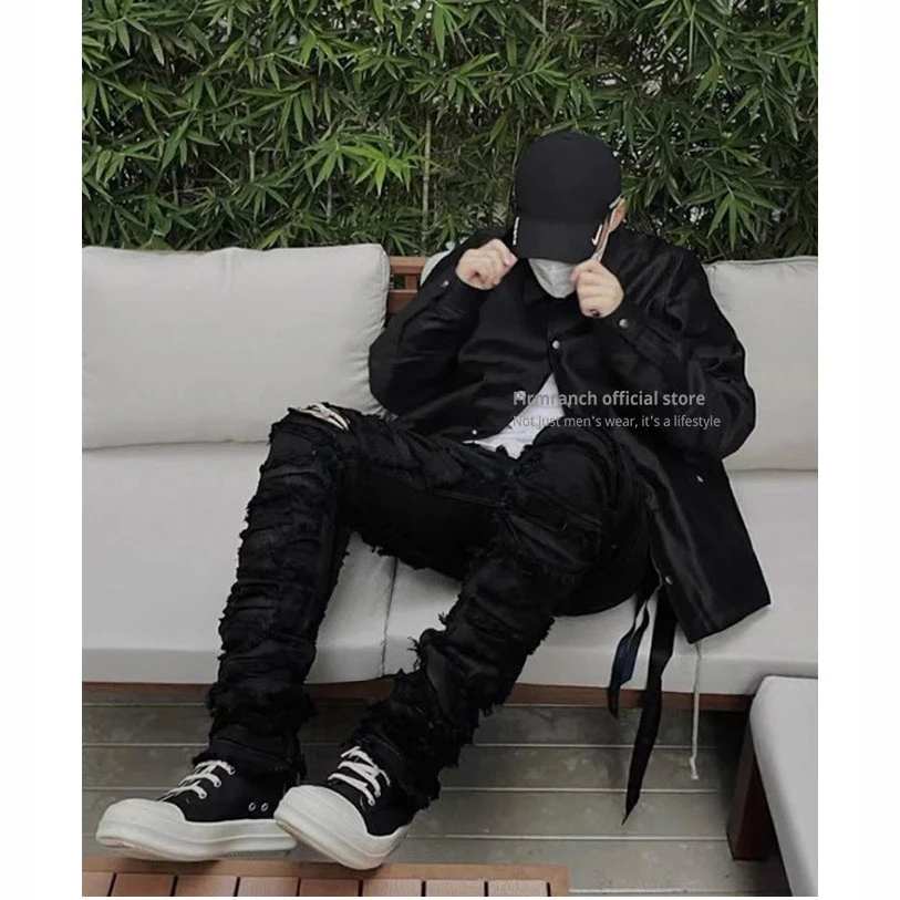 

Firmranch New Black Wax Jeans For Men/Women 2022 Archive Fashion Hip Hop Streetwear Broken Skinny Denim Pants Slim Fit Moto