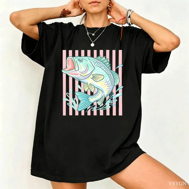 Women Bass Fish T Shirt Casual Cotton Short Sleeve Fishing Tee Woman Fashion Summer T-Shirt Beach Lover Short Sleeve Tshirt