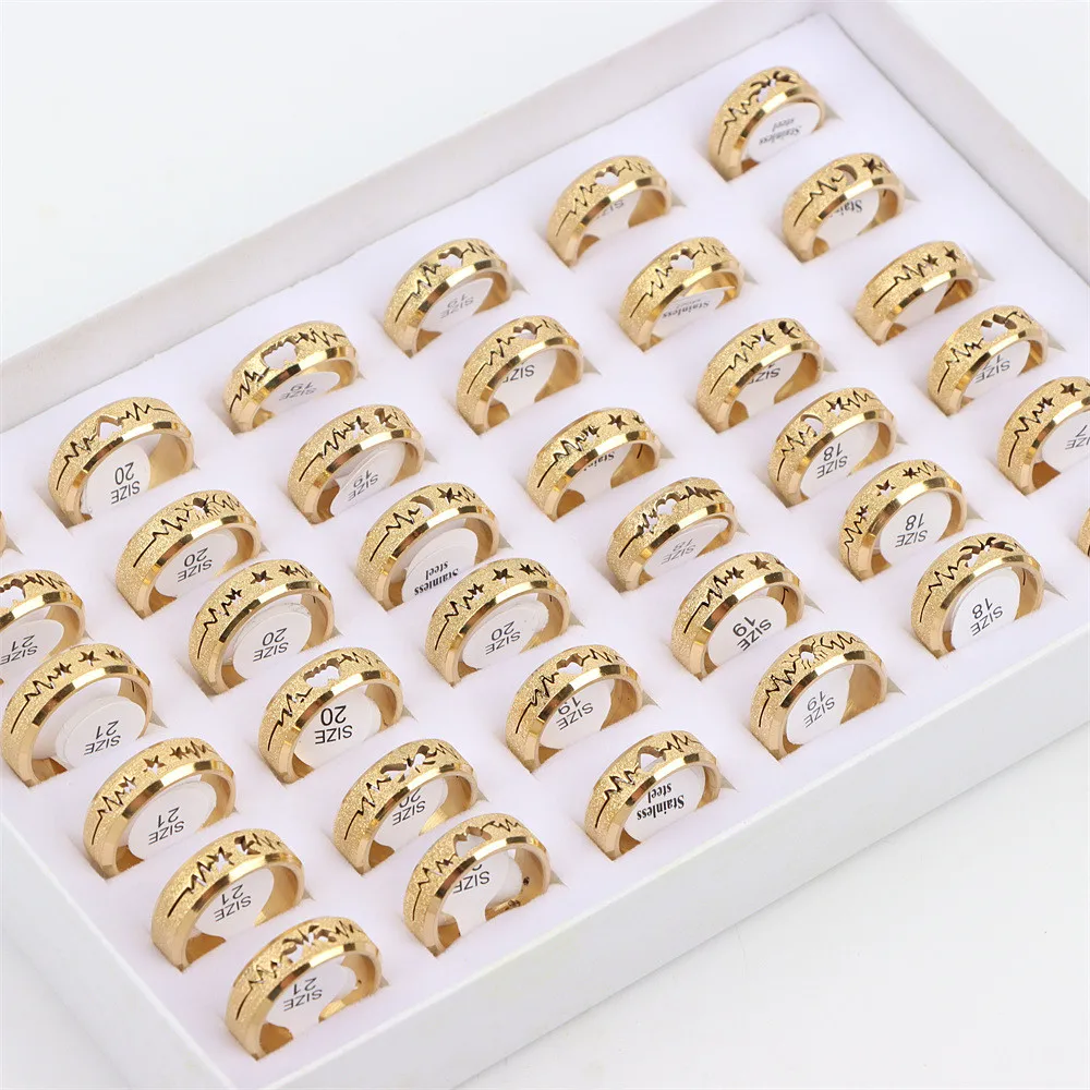 10Pcs/Lot Fashion ECG Heartbeat Stainless Steel Couple Love Rings For Women Men Gold Silver Color Wedding Jewelry Gifts