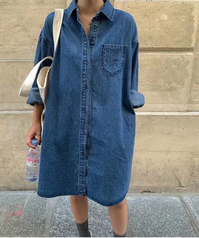 SuperAen 2024 Autumn Korean Chic Style Retro Lapel Thread Design Loose Casual Long Sleeved Washed Denim Dress