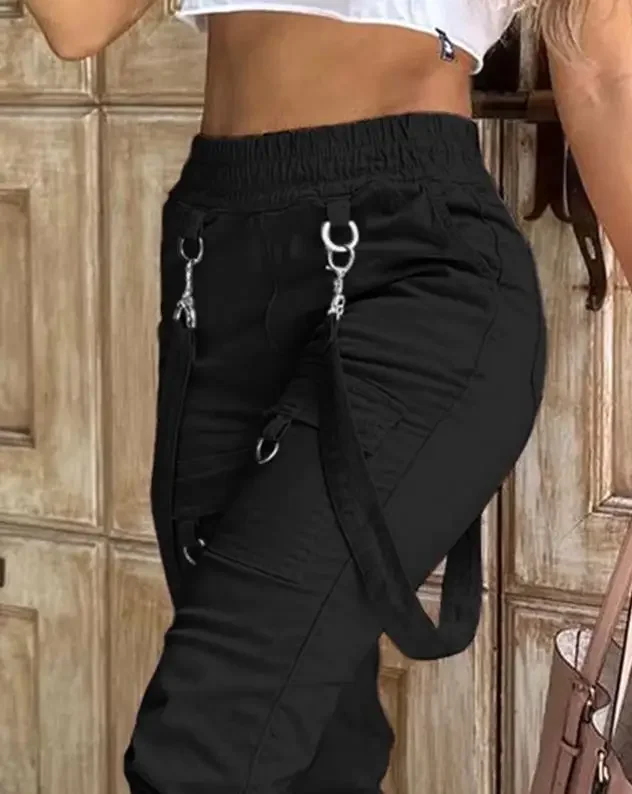 Calça casual feminina decorativa cargo, calça monocromática, suspensórios de punho, design de bolso, tendência de rua, novo, 2023