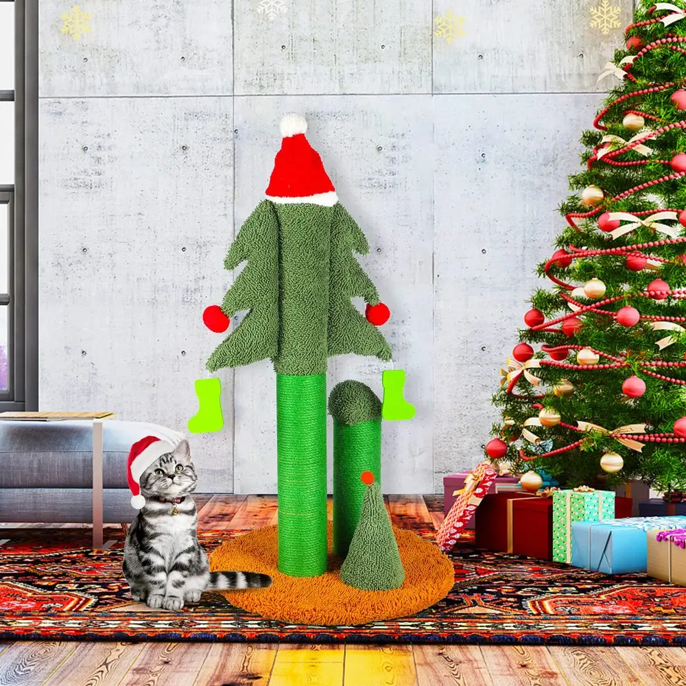 

Cat Scratching Post, Tall Christmas Tree Cat Scratcher with 3 Posts and Cute Dangling Teaser Balls, Natural Sisal Rope Cat Toys