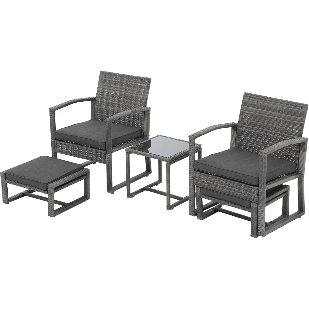 5 Piece Outdoor Patio Wicker Furniture Set, All Weather Grey PE Rattan Chair and Ottoman Footstool Set, W/Coffee Table