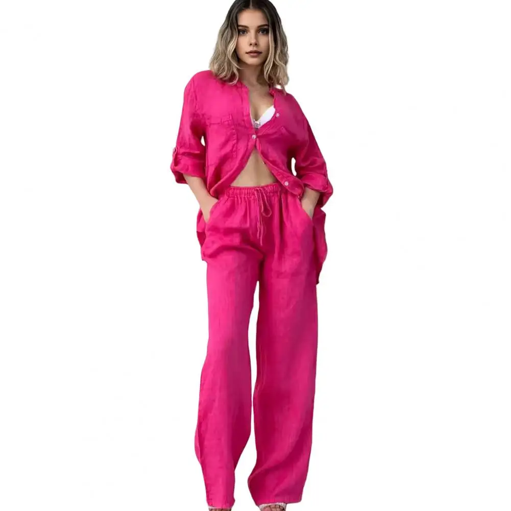 Women Wide Leg Trousers Suit Elegant Women's Shirt Pants Set for Fall Spring Stylish Office Wear Outfit with Stand for Work