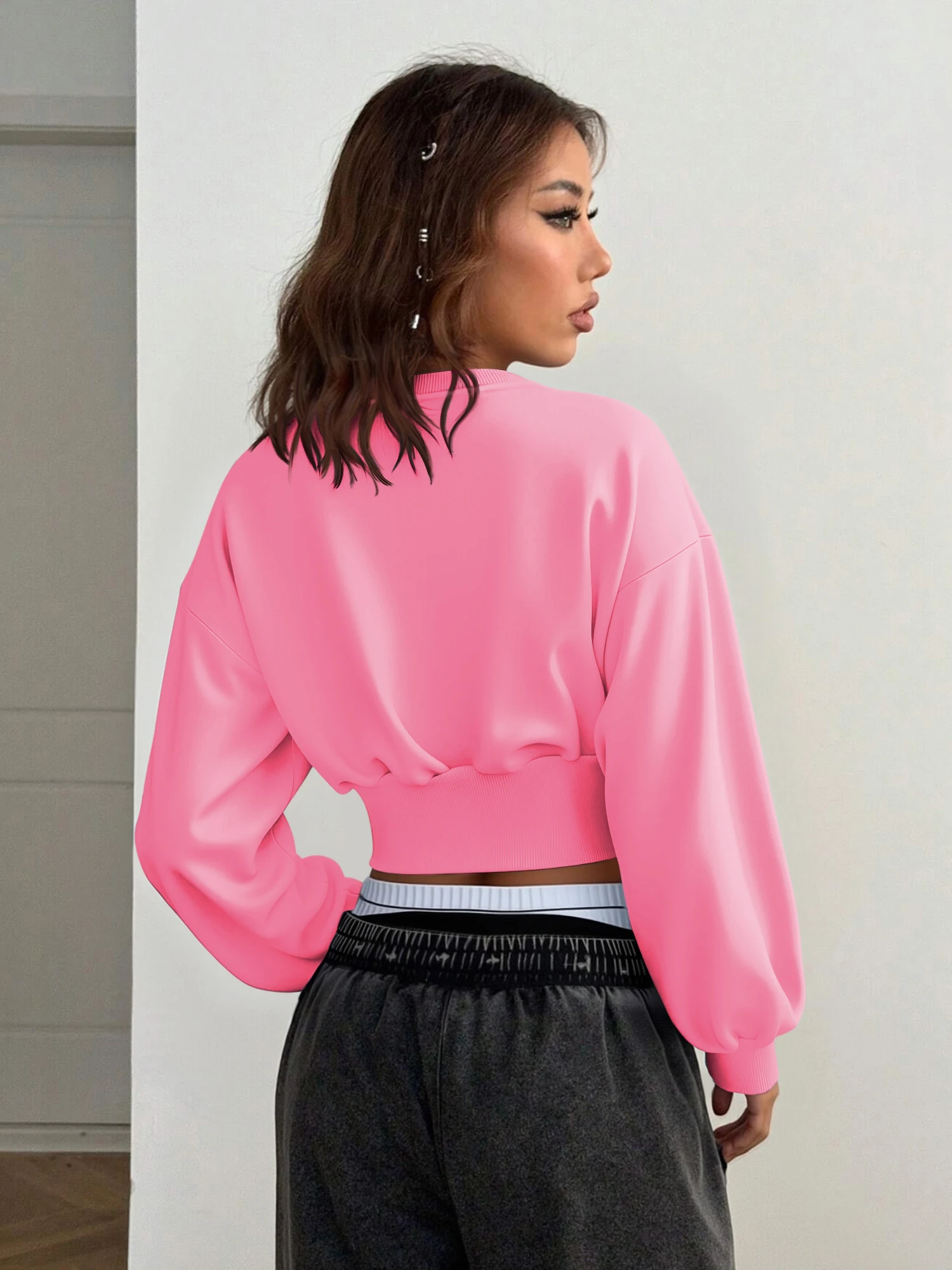 Everyday Wear Ladies Cropped Sweatshirt Crew Neck Long Sleeve Drop‑Shoulder Side Button Detail Ribbed Cinched Waist Street Top