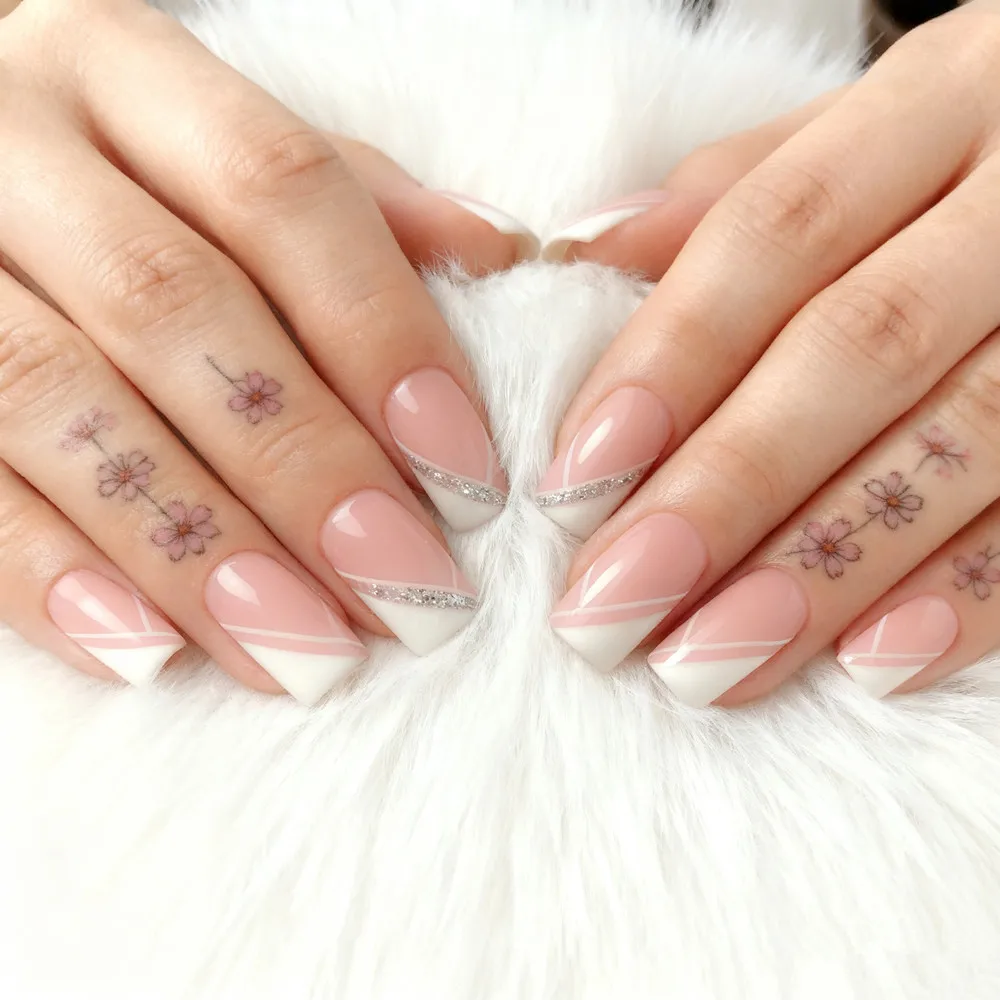 

24Pcs Glitter False Nails With Glue Acrylic Press On Fake Nail Geometric Pattern French Long Square Manicure Accessories