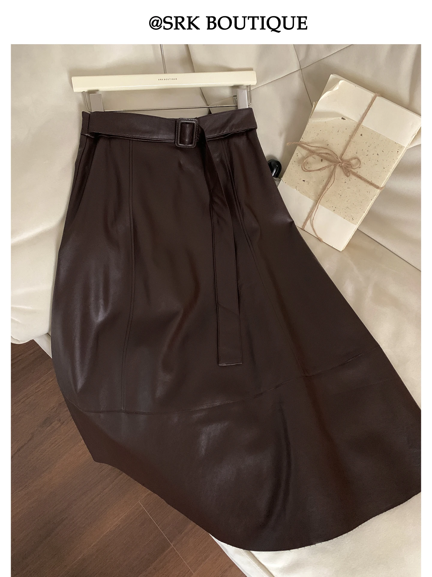 

SRK Retro PU Leather Skirt Color A-Line Midi Skirt Ele High Waist Skin-Friendly Breathable Women's Faion
