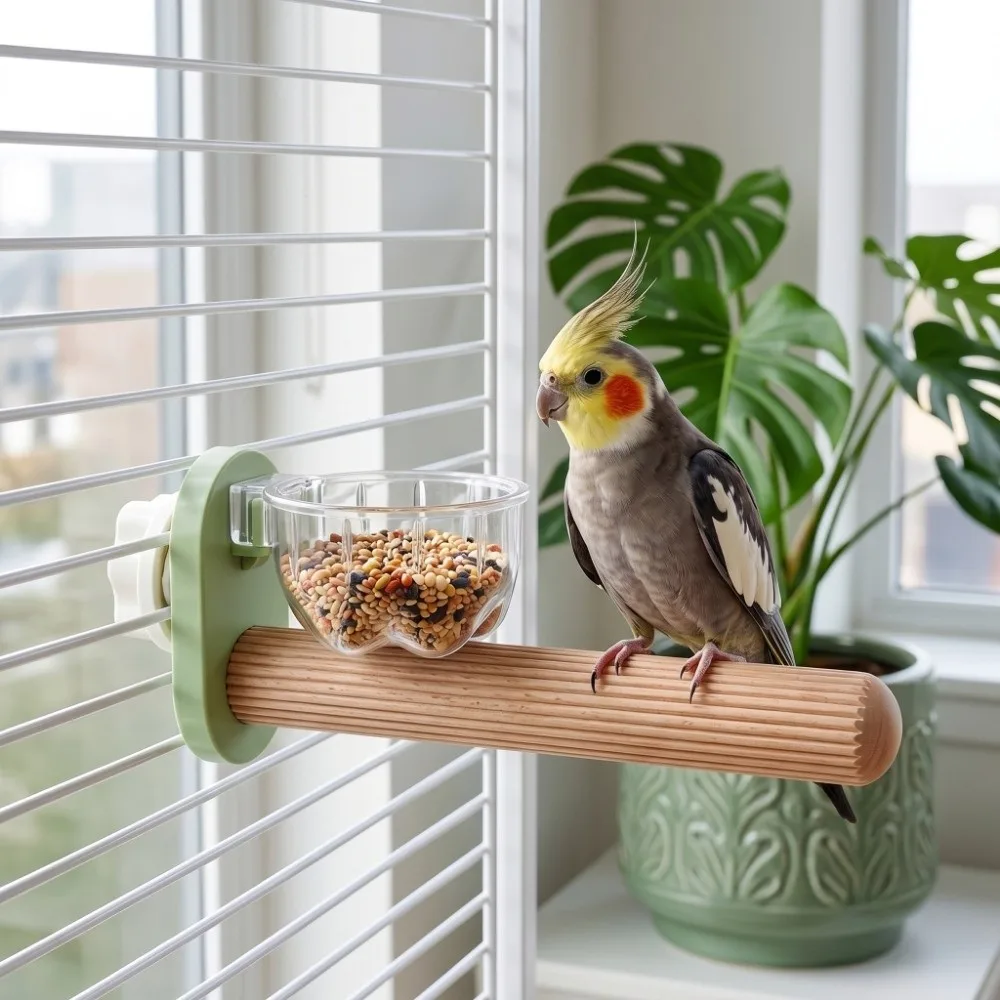 

2 IN 1 Parrot Stand Wooden with Feeder Wooden Parrot Perch Wear Resistant Bite-Resistant Bird Platform Daily Play Exercise