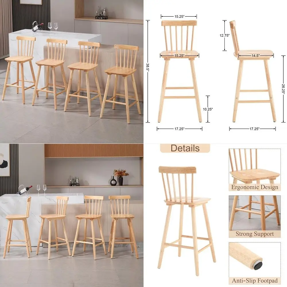 

Inch Bar Stools Set of 4 Windsor Barstools Farmhouse Wooden Counter Height Barstool with Spindle Back Armless Barchair for Kitc
