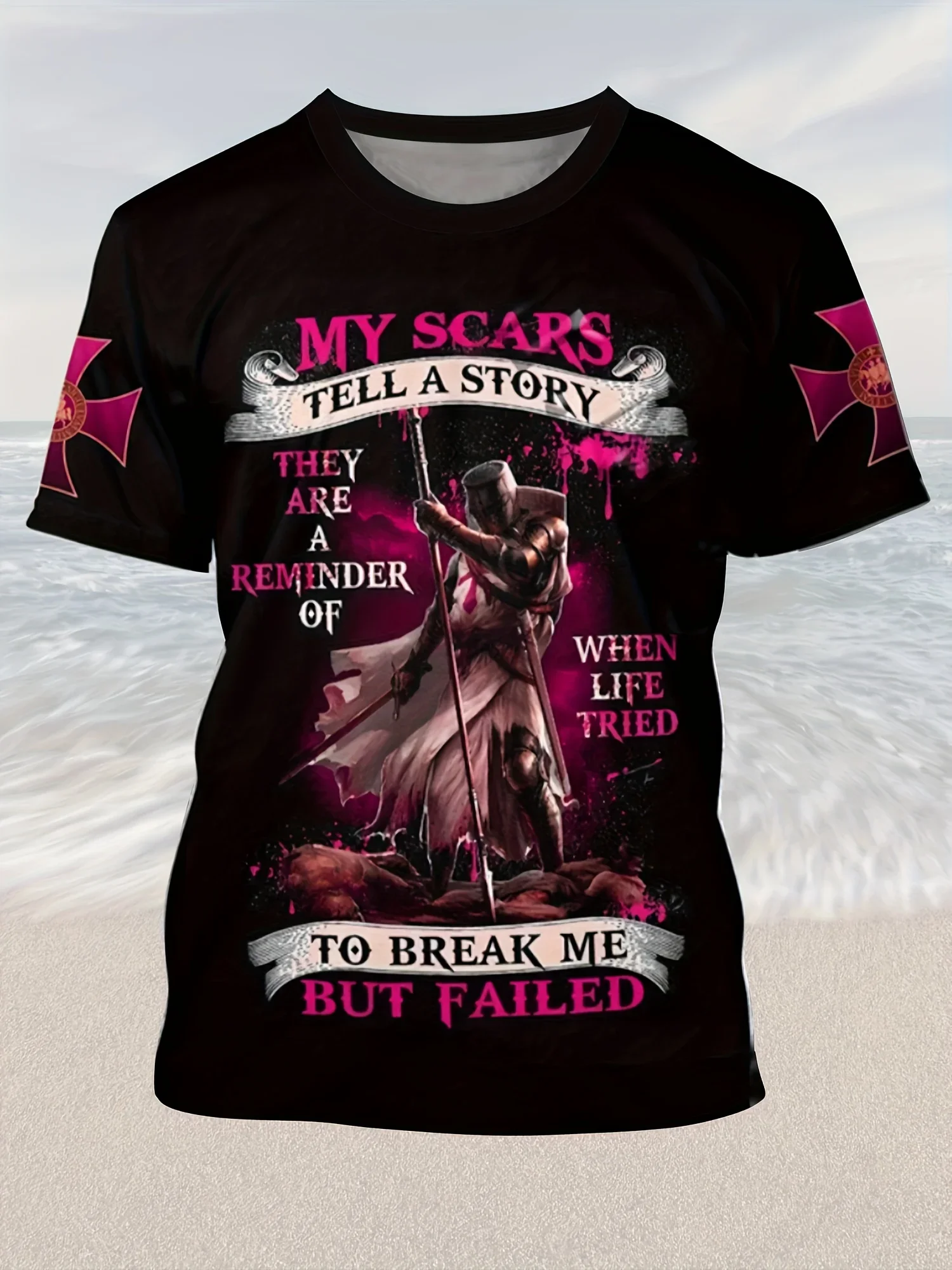 تي شيرت برسومات فارس العصور الوسطى للرجال - جريئة ندوبي تحكي قصة اقتباس تي شيرت - قميص أسود مع لهجات حمراء ملابس رجالية #1