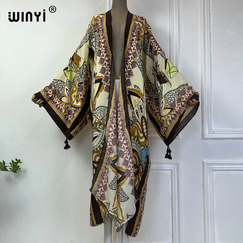 WINYI lato 2024 drukuj okrycie plażowe strój kąpielowy eleganckie afrykańskie kobiety boho kardigan seksowna wakacyjna sukienka Kimono maxi z długim rękawem