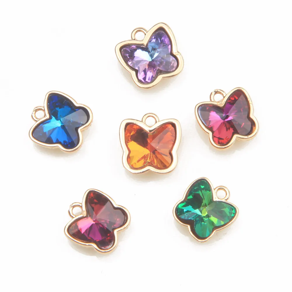 6PCS Dainty Butterfly Charms Glass for Jewelry Making Necklace Pendant Handmade DIY Findings Brass Edging 13*12mm